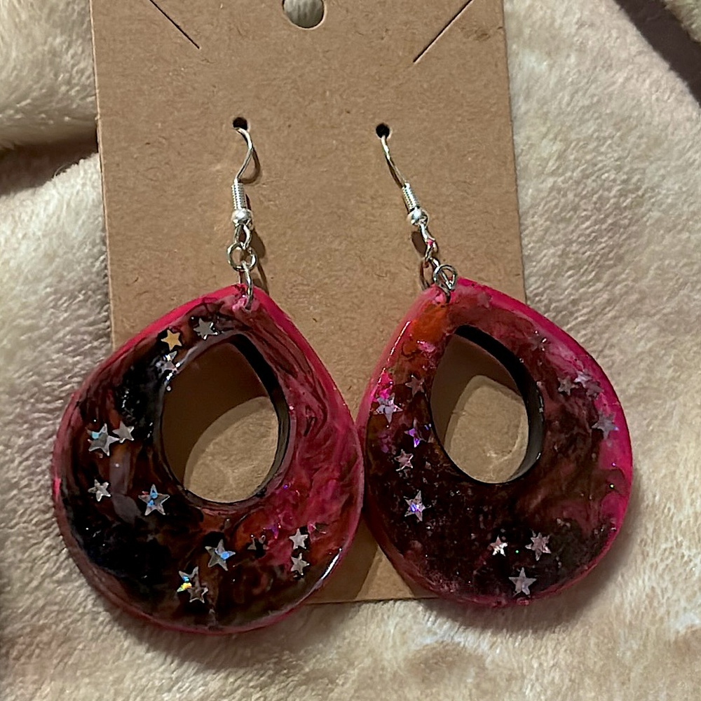 Hot Pink and Black Teardrop Earrings
